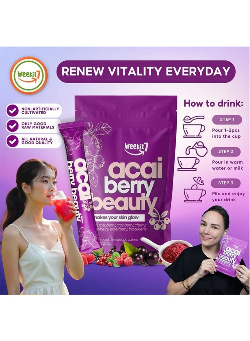 الأسبوع السابع عبوتان من بودرة الجمال من الآساي والتوت البري - بشرة مشرقة، مضادة للشيخوخة، غذاء خارق للتخلص من السموم للنساء - دعم طبيعي للتوهج، 35 جم *2 - Image 3